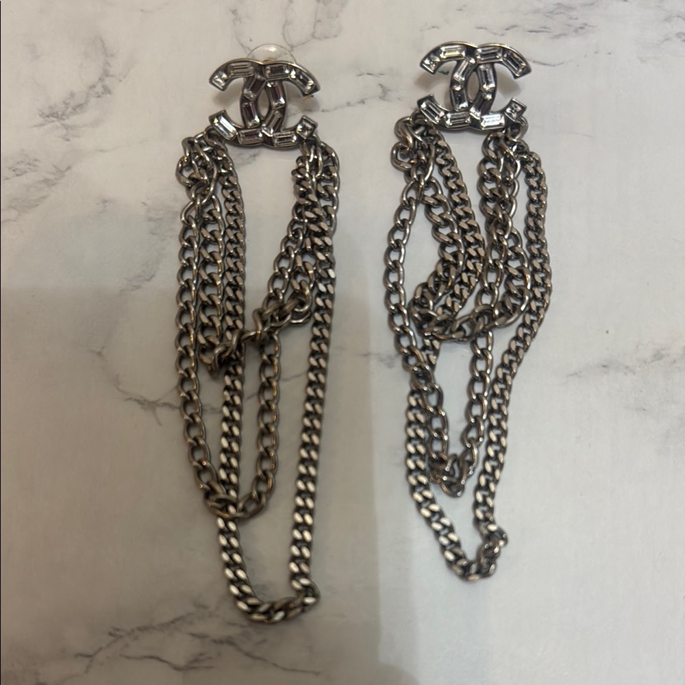 Authentic CHANEL Metallic Chain Drop Earrings